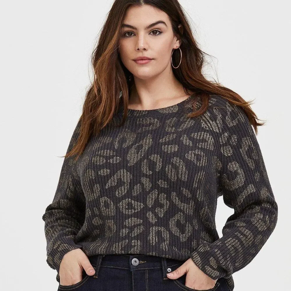 Torrid Dark Grey Gold Foil Leopard Rib Pullover Sweater Animal Print Size 2 2X - Picture 3 of 12